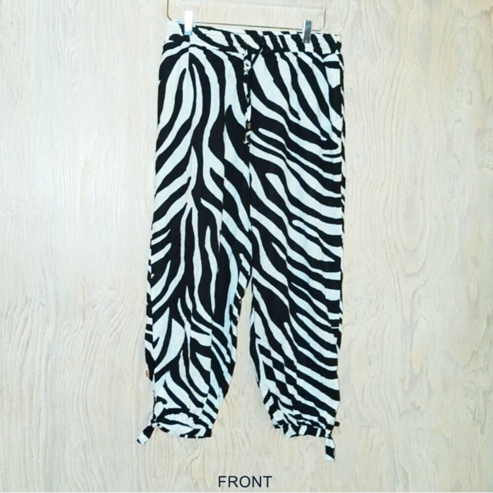 Rachel Zoe Linen Blend Zebra Print Pull On Ankle Tie Pants Medium NWT - Picture 1 of 9